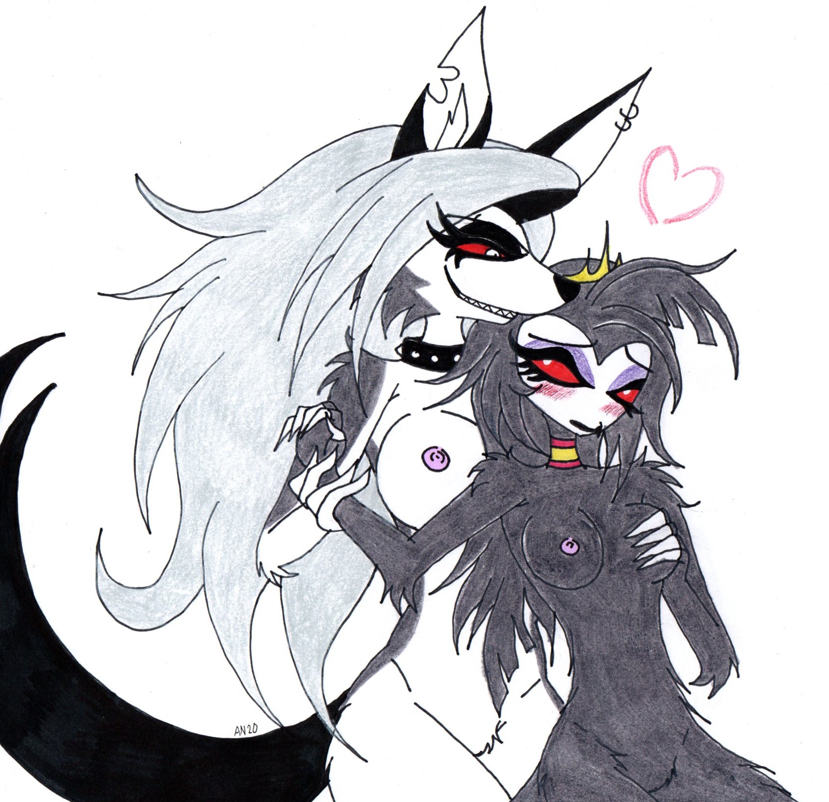 2girls, anthro, anthro on anthro, avian, bird, black fur, black hair, blush, breast grab, breasts, demon, feathers, female, female only, female/female, fur, furry, furry breasts, furry only, grey fur, hair, hellhound, helluva boss, imminent sex, interspecies, loona (helluva boss), nipples, octavia (helluva boss), open mouth, open smile, owl, owl demon, skeleslay, traditional media (artwork), two-tone fur, vivienne medrano, white background, white fur, yuri
