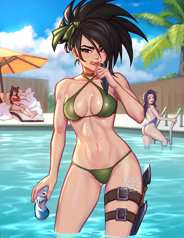 2d, abs, ahri, akali jhomen tethi, ass, bikini, blushypixy, blushyspicy, breasts, female, female only, kai'sa, league of legends, licking lips, medium breasts, pool, riot games, solo focus, water