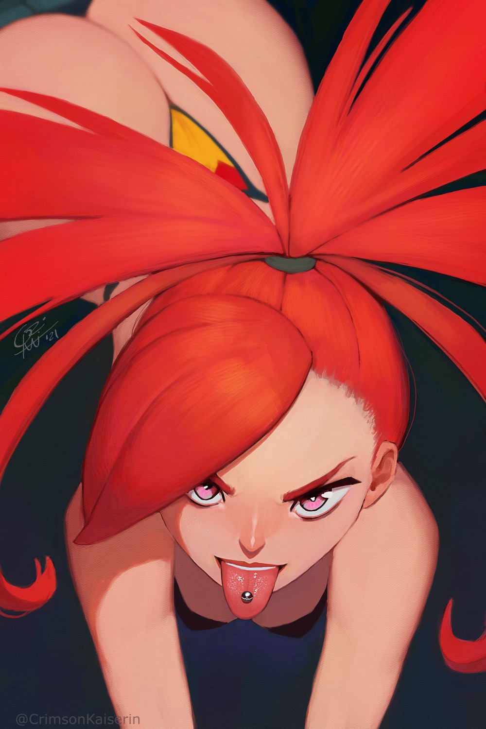 1girls, ass, big ass, breasts, crimson kaiserin, eye contact, female, flannery (pokemon), looking at viewer, nintendo, piercing, pink eyes, pokemon, pokemon rse, red hair, thong, tongue, tongue out, tongue piercing
