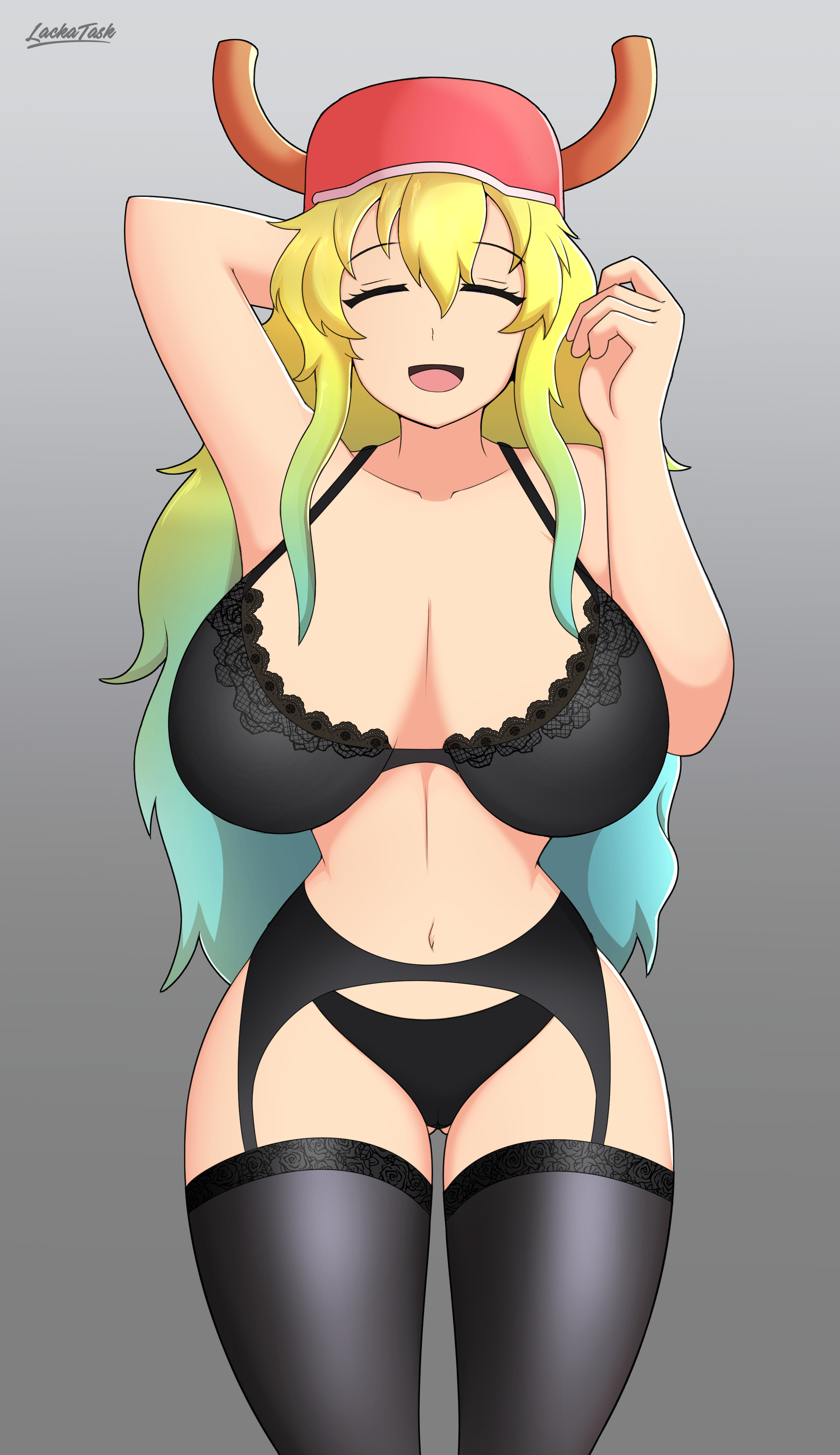 1girls, 2021, alternate version available, black bra, black garter belt, black garter straps, black legwear, black panties, black stockings, black underwear, bra, breasts, cap, closed eyes, dragon girl, female, female focus, female only, garter belt, garter straps, gradient background, grey background, hat, horns, hourglass figure, lace-trimmed bra, lackatask, legwear, miss kobayashi's dragon maid, open mouth, panties, quetzalcoatl (dragon maid), simple background, solo, solo female, solo focus, standing, stockings, thighs, two-tone hair, underwear