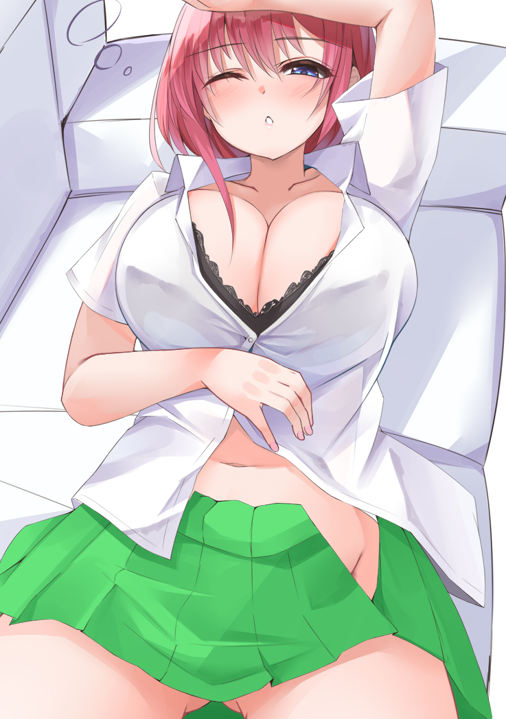 1girls, arm on head, arm up, bangs, black bra, blue eyes, blush, bra, bra peek, breasts, cleavage, collarbone, collared shirt, commentary request, couch, eyebrows visible through hair, female, female only, gluteal fold, go-toubun no hanayome, green skirt, groin, hair between eyes, large breasts, light skin, light-skinned female, looking at viewer, lying, micosivaa, nakano ichika, navel, no panties, on back, open clothes, open skirt, parted lips, partially unbuttoned, pelvic curtain, pink hair, pleated skirt, shirt, short hair, short sleeves, sidelocks, skirt, solo, solo female, solo focus, stomach, underwear, waking up, white background, white shirt