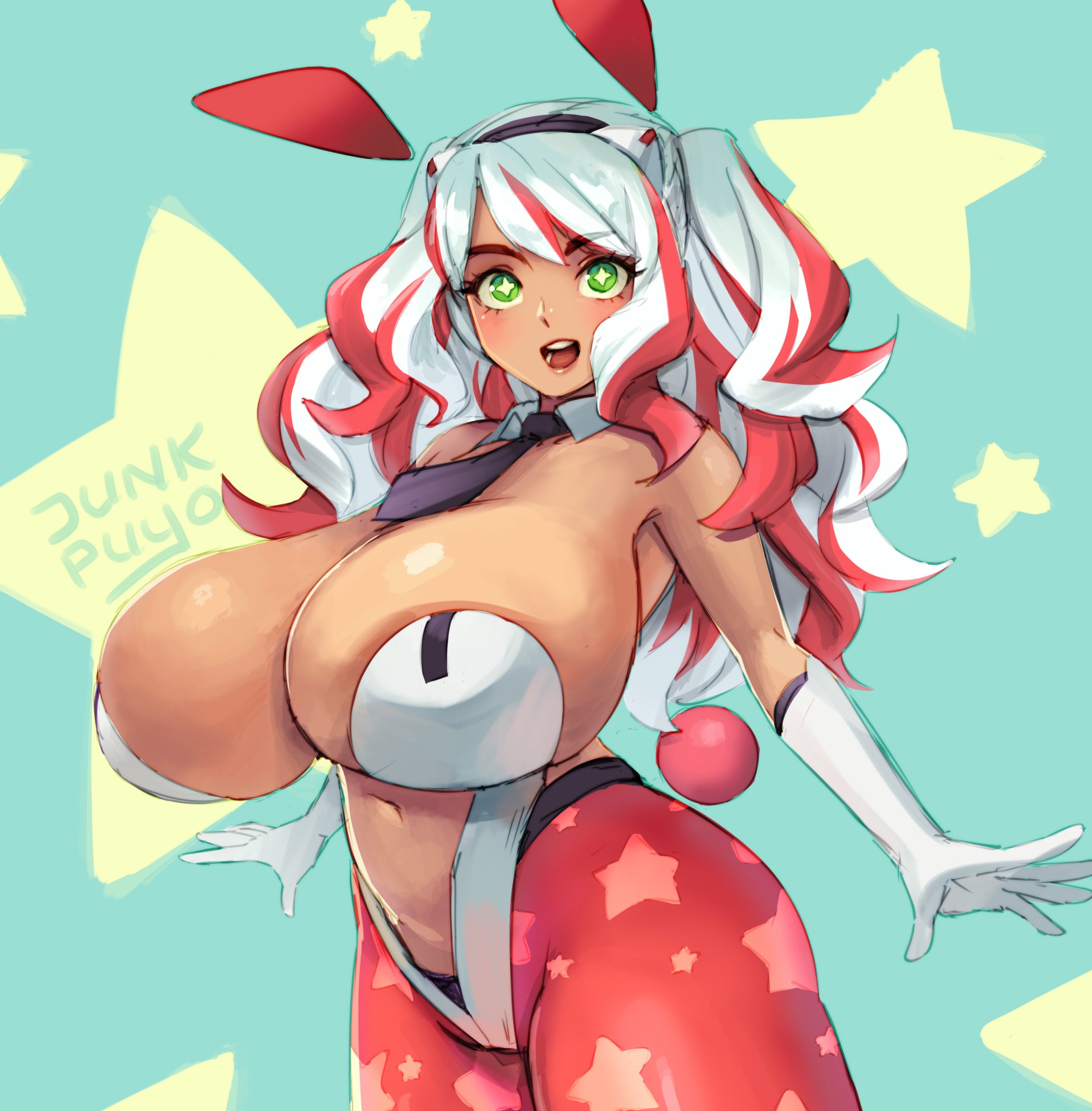 1girls, breasts, cleavage, female, female only, huge breasts, junkpuyo, looking at viewer, solo, thick thighs, wide hips