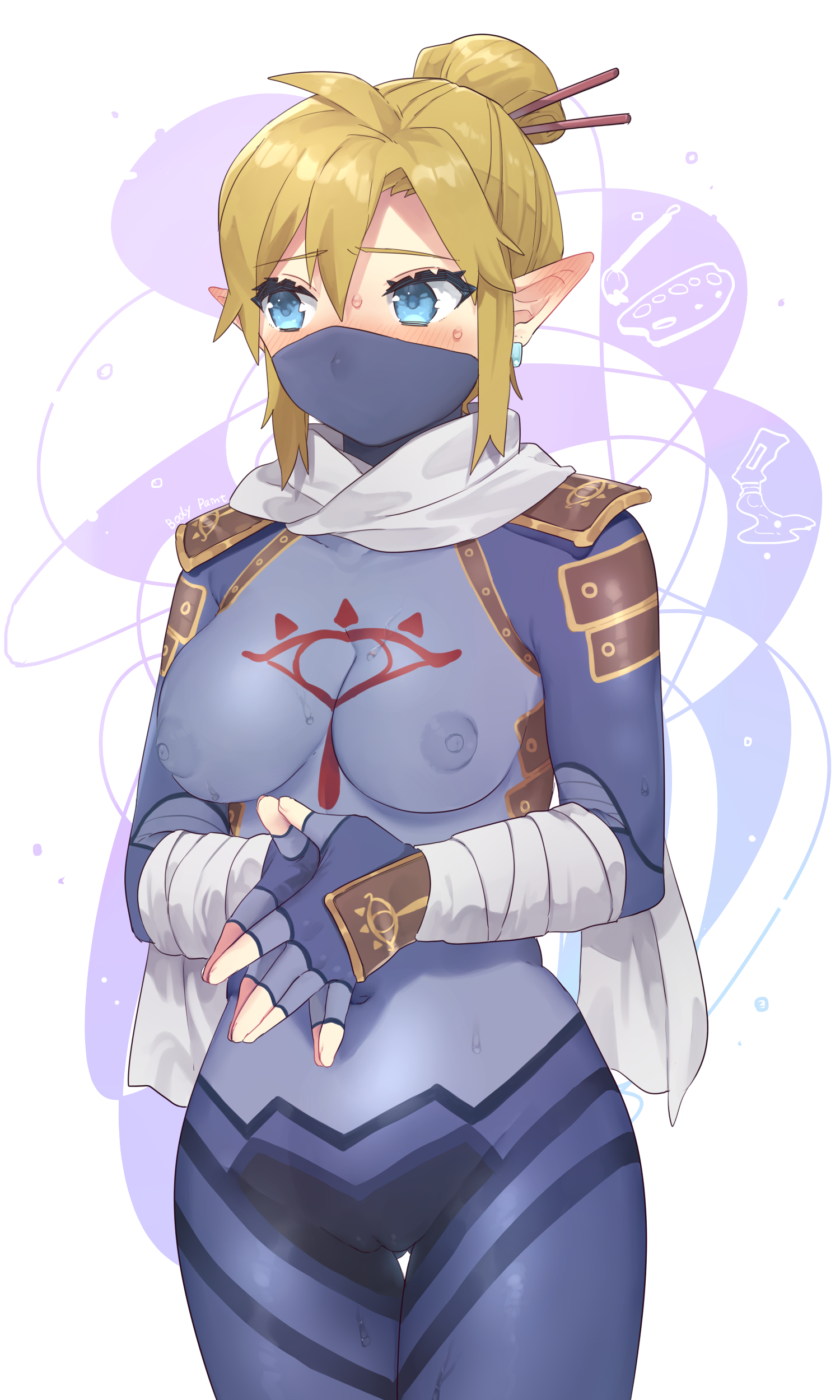 1girls, 2021, 3:5, absurd res, blue eyes, blush, bodypaint, breasts, breath of the wild, brown hair, earrings, embarrassed, exhibitionism, eyebrows visible through hair, female, female only, fingerless gloves, fingers together, genderswap, genderswap (mtf), gloves, hair between eyes, hair bun, hair stick, highres, hylian, jewelry, link, link (breath of the wild), long ears, looking away, mask, medium breasts, mostly nude, nintendo, nipples, nude, painted clothes, pointy ears, pussy, rule 63, scarf, sheikah link, short hair, shoulder pads, simple background, skin tight, solo, sweat, the legend of zelda, thick thighs, thigh gap, thighs, tied hair, ttanuu., white background