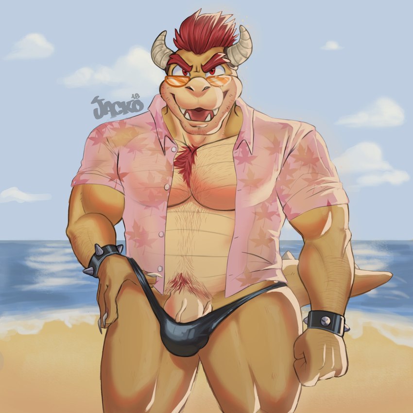 anthro bara barely_contained beach belly big_penis blush body_hair bowser chest_hair claws closed_hands clothed clothing cloud dessert dragon eyewear food front_view genitals hair headgear headwear hi_res horn humanoid_genitalia humanoid_penis jacko18 koopa logo male male_only mario_(series) musclegut muscular muscular_anthro muscular_male nintendo nipples nude open_clothing open_shirt open_topwear partially_clothed pecs penis pink_clothing pink_shirt pink_topwear red_eyes red_hair reptile sand scalie sea seaside sharp_claws sharp_teeth shirt smile solo standing sunglasses swimwear teeth topwear underwear video_games water yellow_body yellow_eyewear yellow_sunglasses