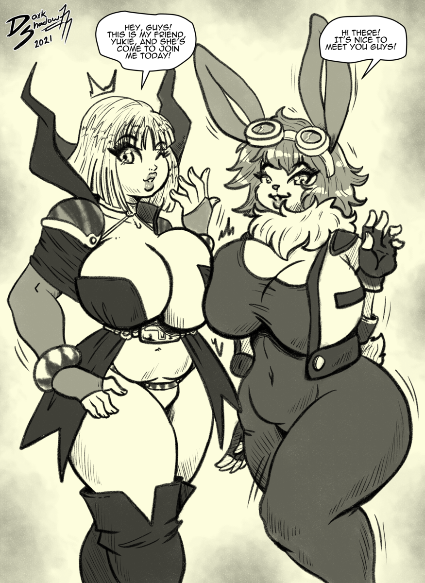 2girls arina_makihara big_breasts bodysuit bunny_girl cosplay darkshadow777 goggles jacket marjoly marl_kingdom nippon_ichi_software original_characters pauldrons plump rhapsody:_a_musical_adventure sketch slightly_chubby smile text thick_thighs thighhighs thong waku_waku_7 wide_hips wink