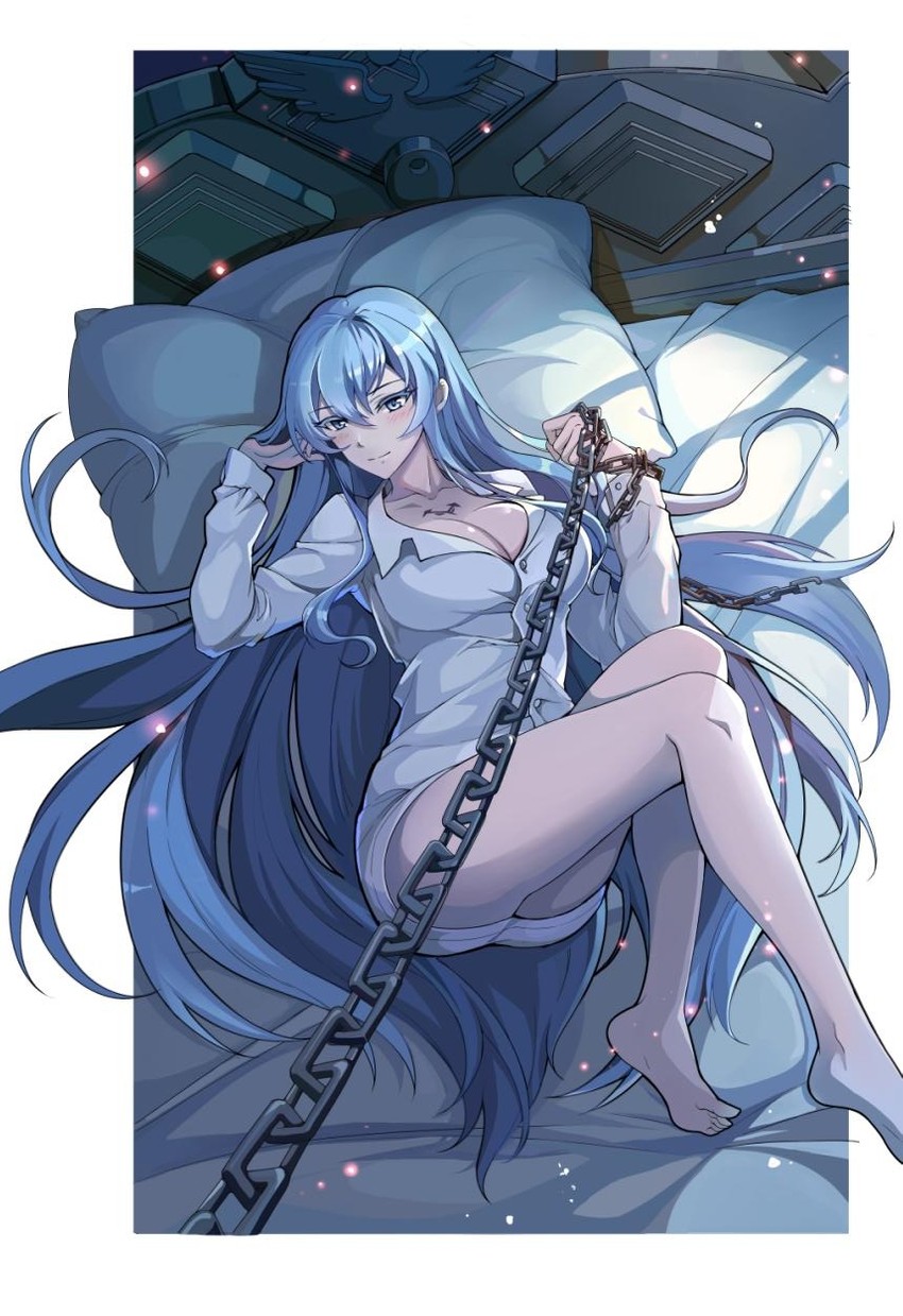 1girls akame_ga_kill! barefoot bed bedroom bedroom_eyes blue_eyes blue_hair blush chain_leash chains cleavage cute domme esdeath_(akame_ga_kill!) feet femdom huge_breasts implied_bottomless k12io leash leashed_pov legs looking_at_viewer pov seductive seductive_smile solo submissive_pov tattoo thighs very_long_hair