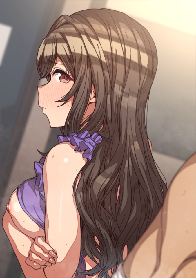 1boy bare_shoulders blush bra bra_lift brown_eyes brown_hair closed_mouth crossed_arms erere eyebrows_visible_through_hair female fingernails from_side idolmaster idolmaster_shiny_colors long_fingernails long_hair looking_at_viewer looking_to_the_side nipples nose_blush purple_bra solo_focus straight sweat tsukioka_kogane underwear upper_body