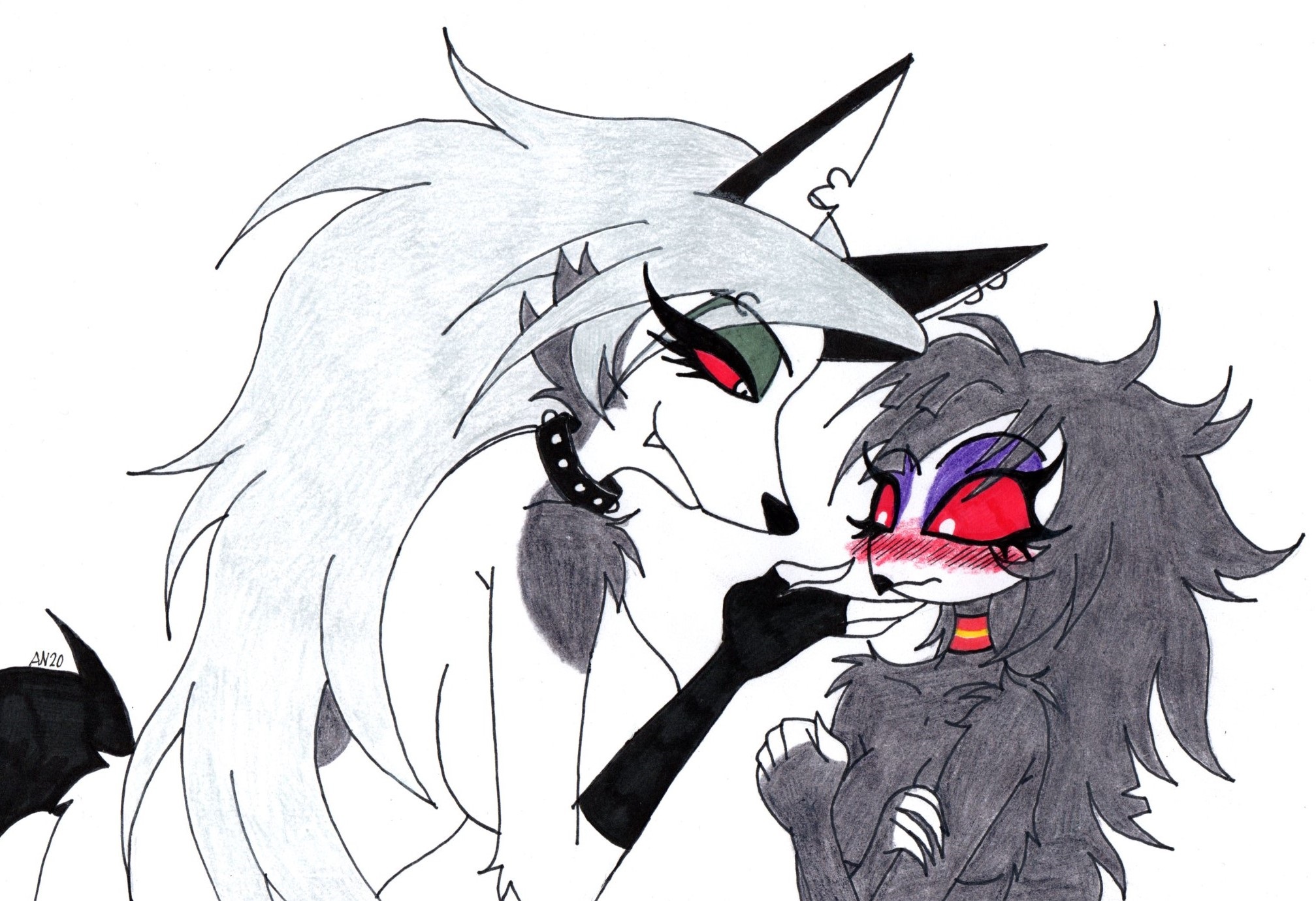 2girls, aged up, anthro, anthro on anthro, avian, bird, black fur, blush, breasts, covering breasts, demon, duo, embarrassed, female, female/female, goth, grey fur, hellhound, helluva boss, interspecies, loona (helluva boss), multiple females, multiple girls, octavia (helluva boss), owl, owl demon, seductive eyes, skeleslay, smile, two-tone fur, vivienne medrano, white fur, younger female, yuri