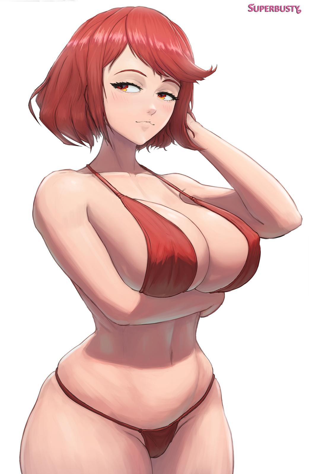 1girls, bikini, breast hold, breasts, cleavage, curvy, female, female only, hand behind head, huge breasts, large breasts, navel, nintendo, pinup, pose, pyra, red bikini, red eyes, red hair, short hair, simple background, smile, solo, standing, superbusty, thick thighs, white background, wide hips, xenoblade (series), xenoblade chronicles 2