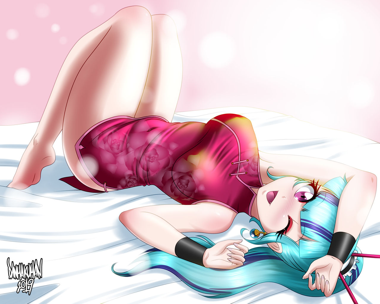 1girls, barefoot, big breasts, blue hair, blush, breasts, chinese clothes, danmakuman, equestria girls, female, hasbro, laying down, looking at viewer, my little pony, my little pony friendship is magic, red eyes, smile, solo, solo female, sonata dusk, thick thighs, thighs