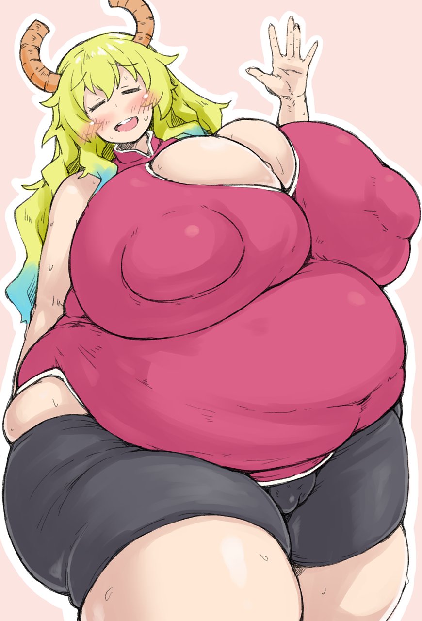 breasts, female, green hair, horns, huge belly, huge breasts, huge thighs, kanon (148bpm), lucoa, miss kobayashi's dragon maid, overweight, puffy nipples, quetzalcoatl (dragon maid)