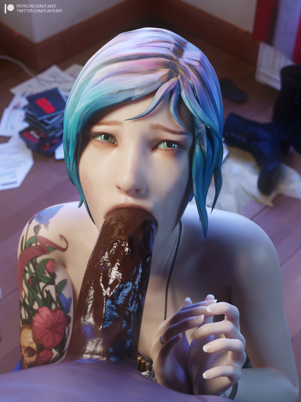1boy, 1girls, 3d, big penis, blender, blowjob, blue eyes, blue hair, bound, chloe price, dark skin, dark-skinned male, erection, faceless male, fellatio, female, fjaye, french nails, handcuffs, hands-free, huge cock, human, interracial, life is strange, light skin, light-skinned female, looking at viewer, male, nude, oral, penis, pov, pov eye contact, sex, short hair, straight, tagme, tattoo, tomboy