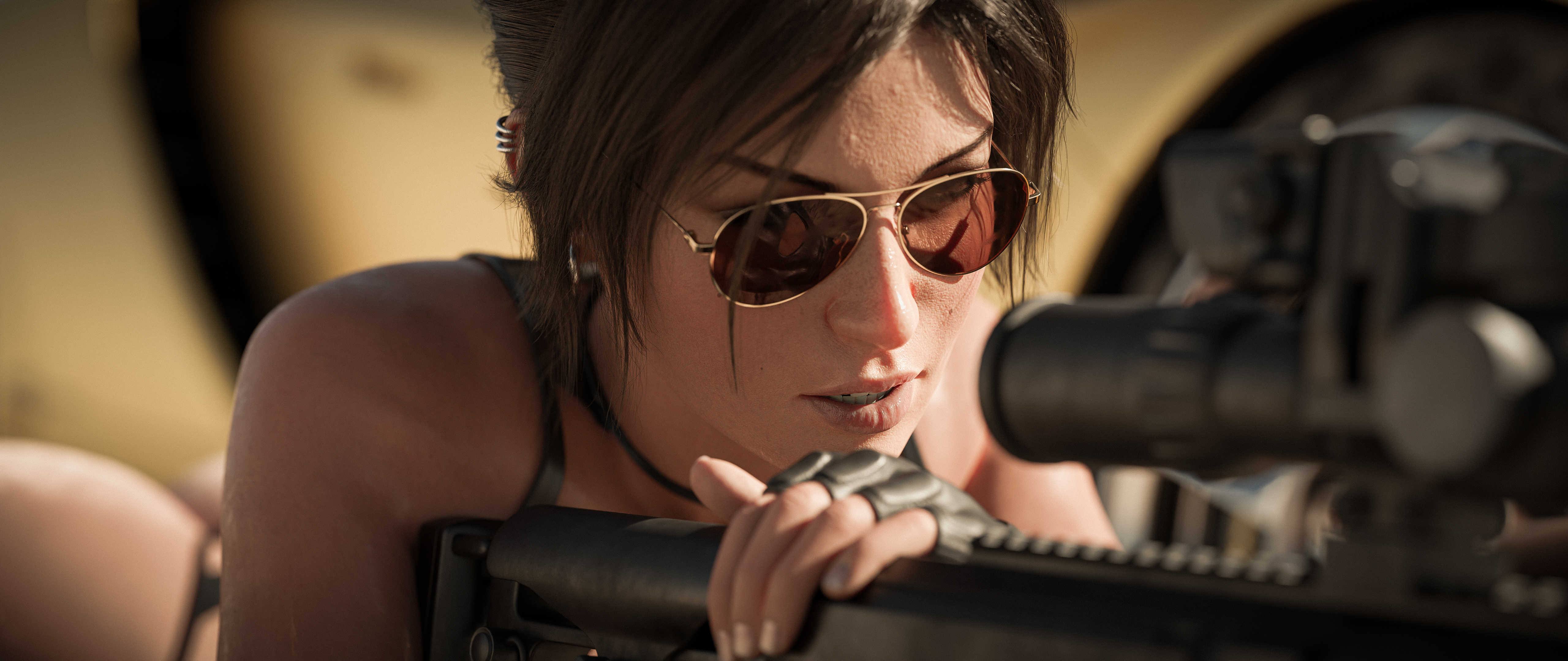 1girls, 3d, absurd res, aviator sunglasses, brown-tinted eyewear, earrings, female, female only, fingerless gloves, glasses, high resolution, highres, kisxsfm, lara croft, lara croft (survivor), piercing, sniper rifle, solo, sunglasses, tagme, tinted eyewear, tomb raider, tomb raider (survivor), wallpaper