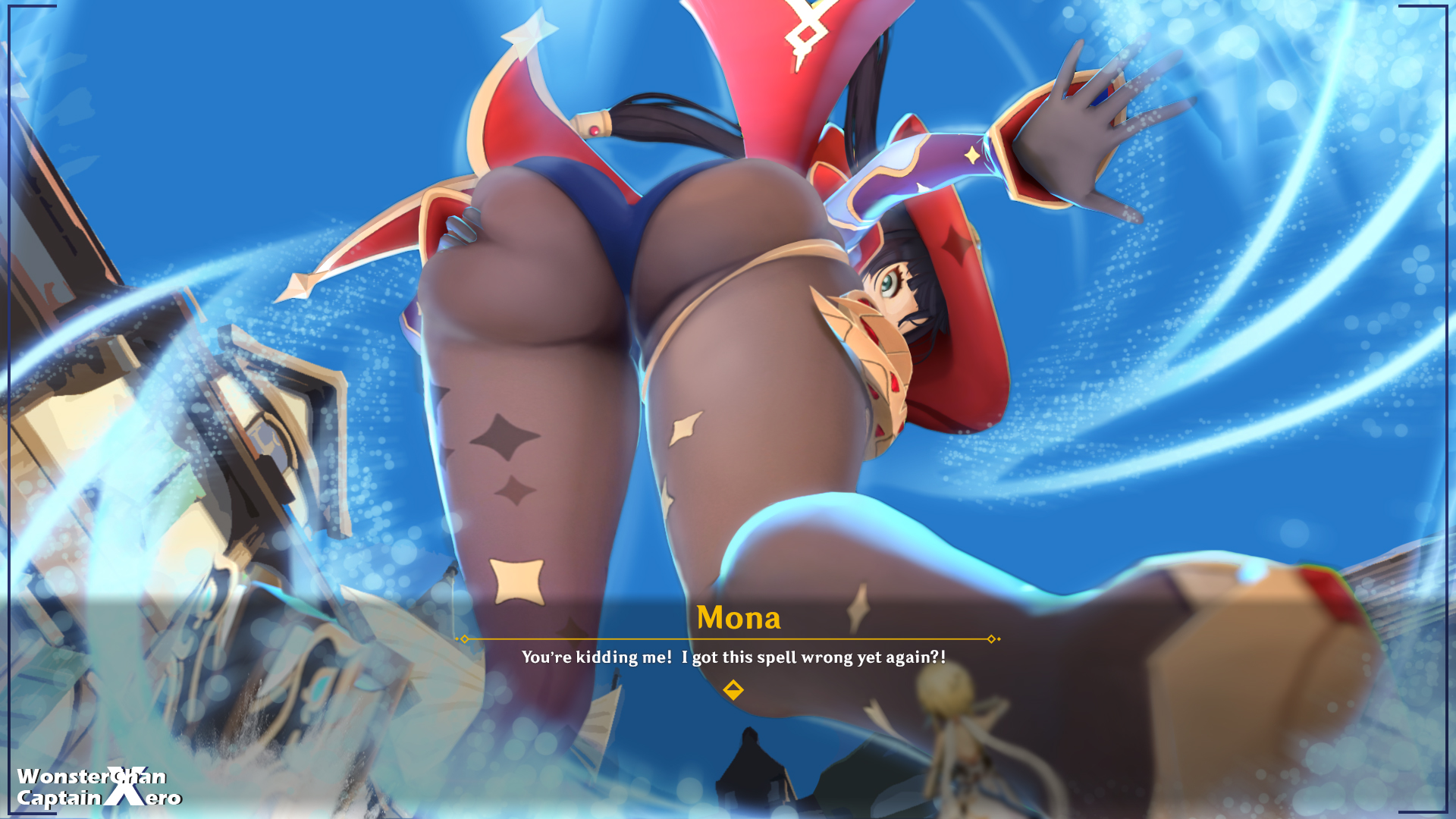2girls, ass, ass focus, ass grab, black legwear, english text, female, from behind, from below, genshin impact, giant ass, giantess, hi res, leotard, looking at viewer, looking back, lumine (genshin impact), mona (genshin impact), pantyhose, sky, witch hat, wonster-chan