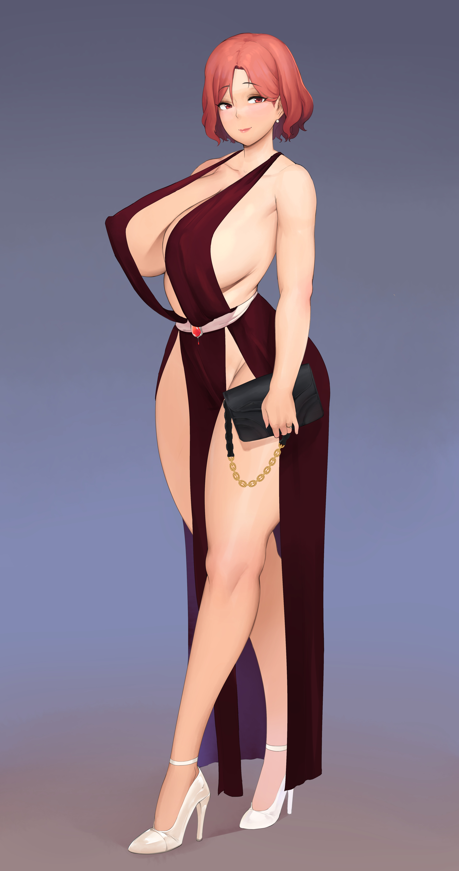 1girls, 2020, alternate version available, big breasts, breasts, cocktail dress, dress, female, female focus, female only, fortune (last origin), full body, gradient background, high heels, huge breasts, last origin, moebell, red dress, red eyes, red hair, short hair, simple background, solo, solo female, solo focus, standing, white high heels