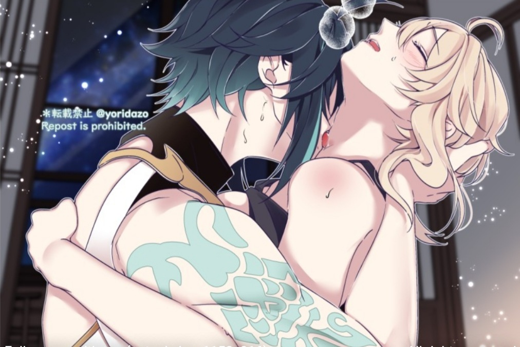 blonde hair, blush, closed eyes, female, flower, genshin impact, green hair, head tilt, heat, lumine (genshin impact), neck kiss, pleasure face, tattoo, xiao (genshin impact), yoridazo