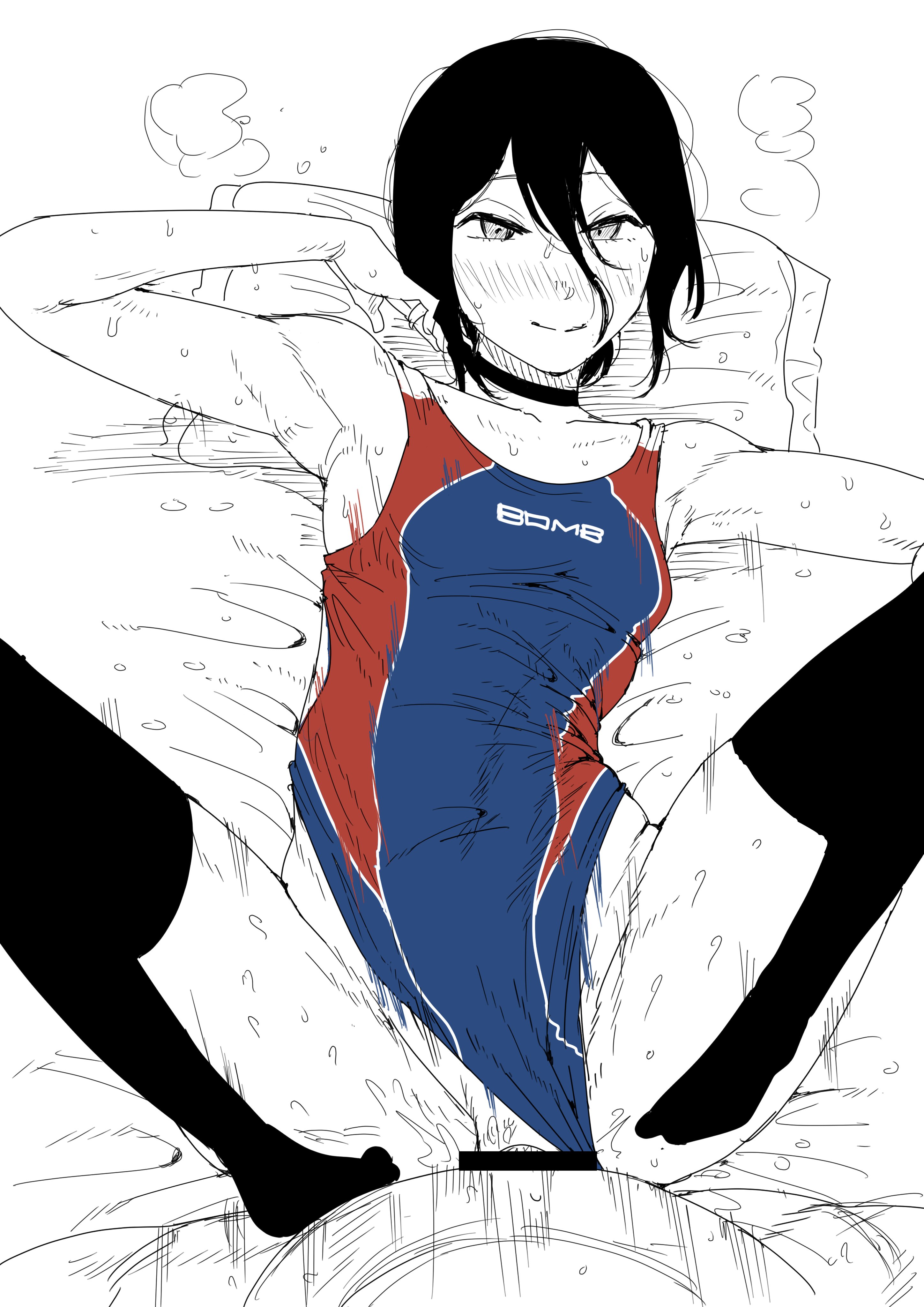 1boy, 1girls, arm up, armpits, black hair, breasts, censored, chainsaw man, choker, denji (chainsaw man), female, kaiman garupan, line art, male, male pov, missionary position, on back, one-piece swimsuit, penis, pov, pussy, reze (chainsaw man), sex, small breasts, smile, spread legs, straight, swimsuit, swimsuit aside, thighhighs, vaginal penetration