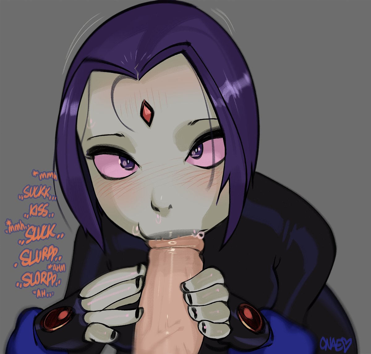 1boy, 1girls, 2021, blowjob, blush, clothed, cock worship, dc, dc comics, faceless male, fellatio, female, female focus, forehead jewel, goth, grey background, grey skin, hands on penis, looking at viewer, male, nail polish, onae, oral, pale skin, penis, plain background, pov, purple eyes, purple hair, rachel roth, raven (dc), saliva, short hair, slurp, solo focus, straight, sucking tip, teen titans, text