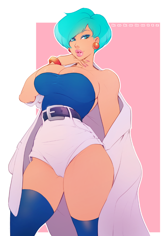 1girls belt blue_eyes blue_hair breasts bulma_briefs bulma_briefs_(beginnings_of_dragon_ball_z) clothed clothing dragon_ball dragon_ball_super dragon_ball_z eyeshadow female hair_over_one_eye jackal kokobuttz large_breasts lipstick looking_down makeup pinup short_hair skirt solo solo_female solo_focus tank_top thick_thighs thighhighs tubetop upper_body very_short_hair vest wide_hips