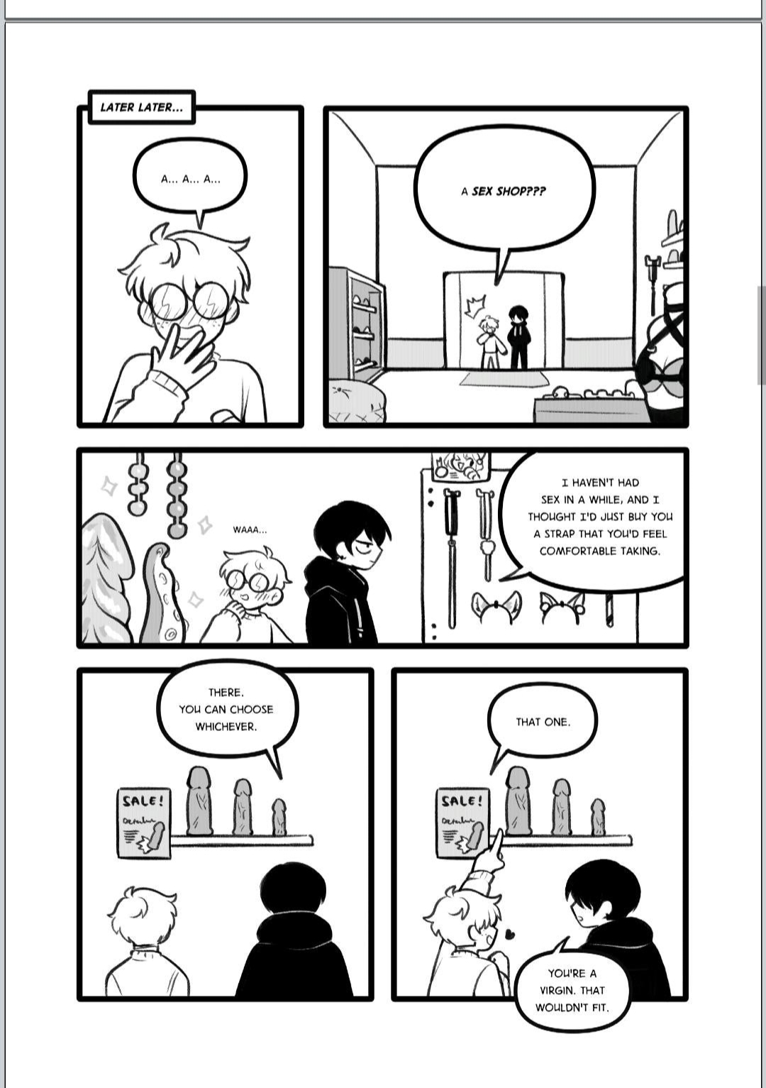 1boy, 1cuntboy, adrian (boyfriends), boyfriends (webtoon), comic, cuntboy, cuntboy/male, dialogue, dildo, english text, felix (boyfriends), femboy, gay, gay male, goth, intersex, male, nerd, nude, refrainbow, sex shop, speech bubble, strap-on, strapon, submissive male, text, trans man, transmasc, virgin, webcomic, webtoon, yaoi