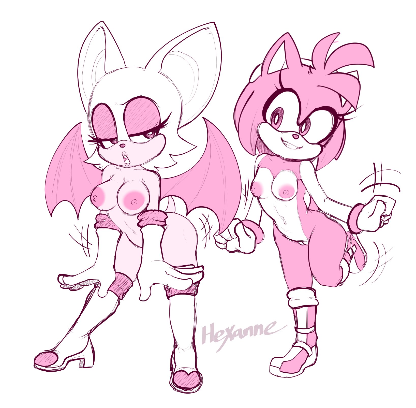 amy rose, anthro, bat, bent over, breast size difference, breasts, chiropteran, clothing, dancing, duo, eulipotyphlan, female, footwear, genitals, gloves, handwear, hedgehog, hexanne, hi res, legwear, mammal, monochrome, mostly nude, naked footwear, navel, nipples, nude, open mouth, pussy, rouge the bat, sega, shoes, signature, simple background, sketch, smile, sonic (series), sonic the hedgehog (series), thigh highs, wings