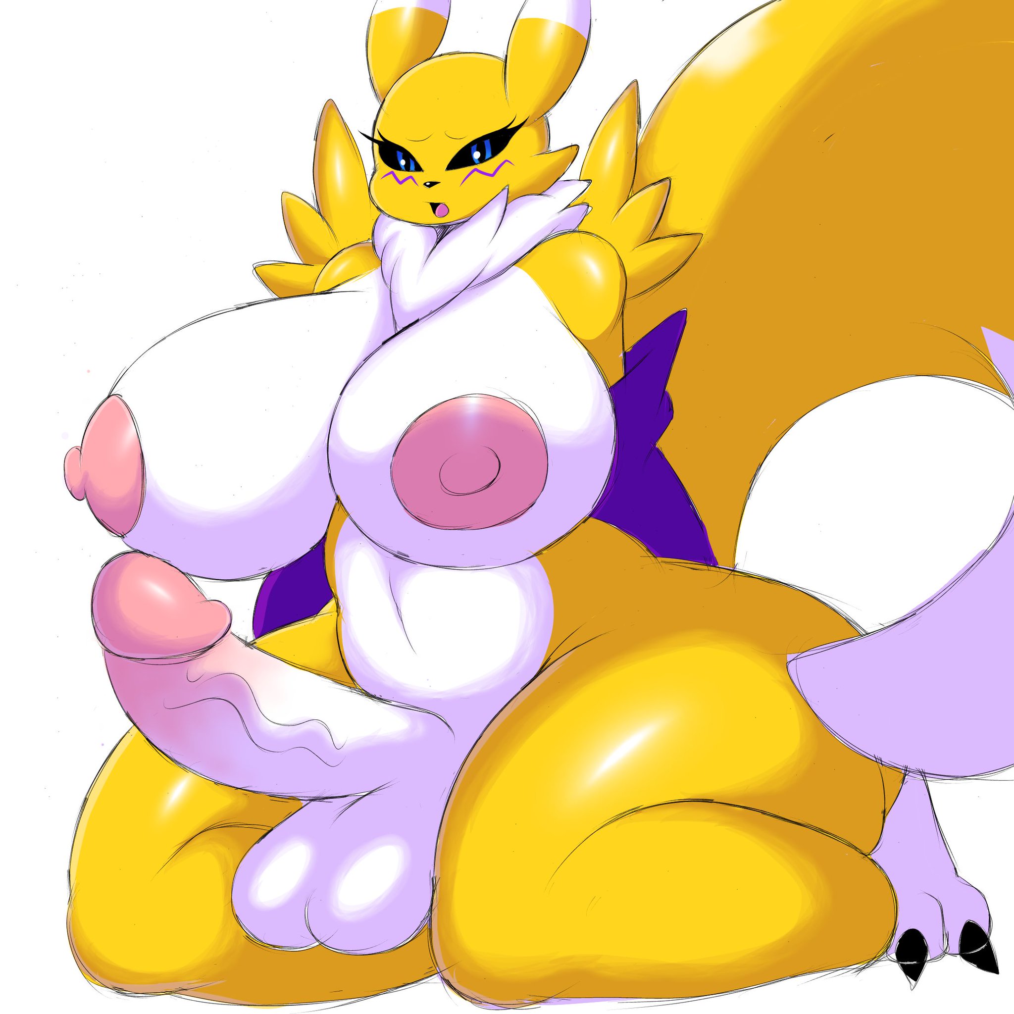 1futa, 2021, areolae, ass, balls, big balls, big breasts, big nipples, big penis, big tail, blue eyes, breasts, digimon, furry, futa only, futanari, huge ass, huge breasts, humanoid penis, intersex, itisjoidok, nude, penis, renamon, simple background, sitting, solo, solo futa, thick thighs, white belly, white breasts, white penis, wide hips, yellow body, yellow head, yellow tail