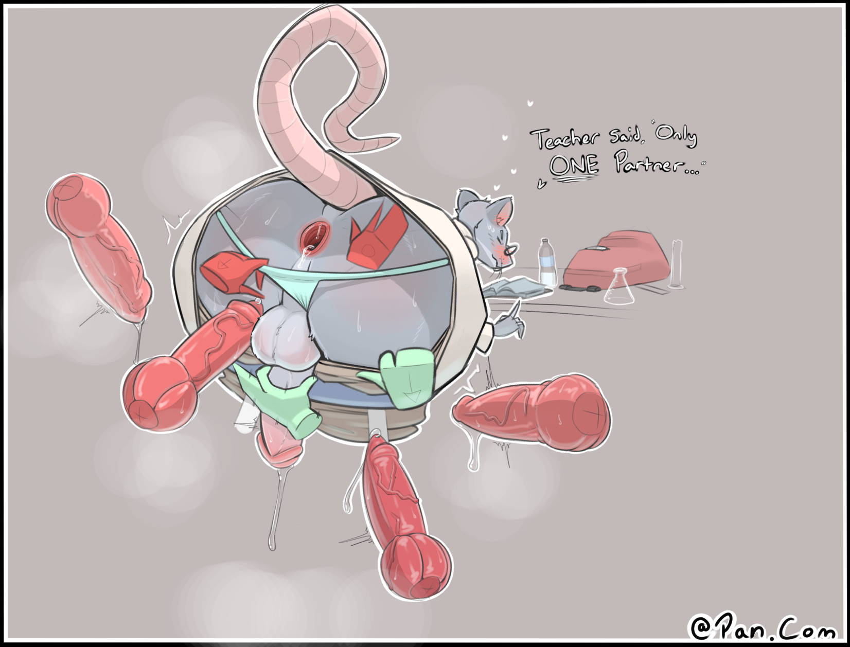 anus, ass, ass up, atpandotcom, back view, backsack, balls, ballsack, blush, canine, clothing, cum, dialogue, disembodied hand, disembodied penis, femboy, furry, gaping, gaping anus, gay, glasses, knot, male, mouse, multiple boys, multiple males, multiple penises, penis, precum, precum drip, presenting, school, sweat, sweatdrop, sweating, thick thighs