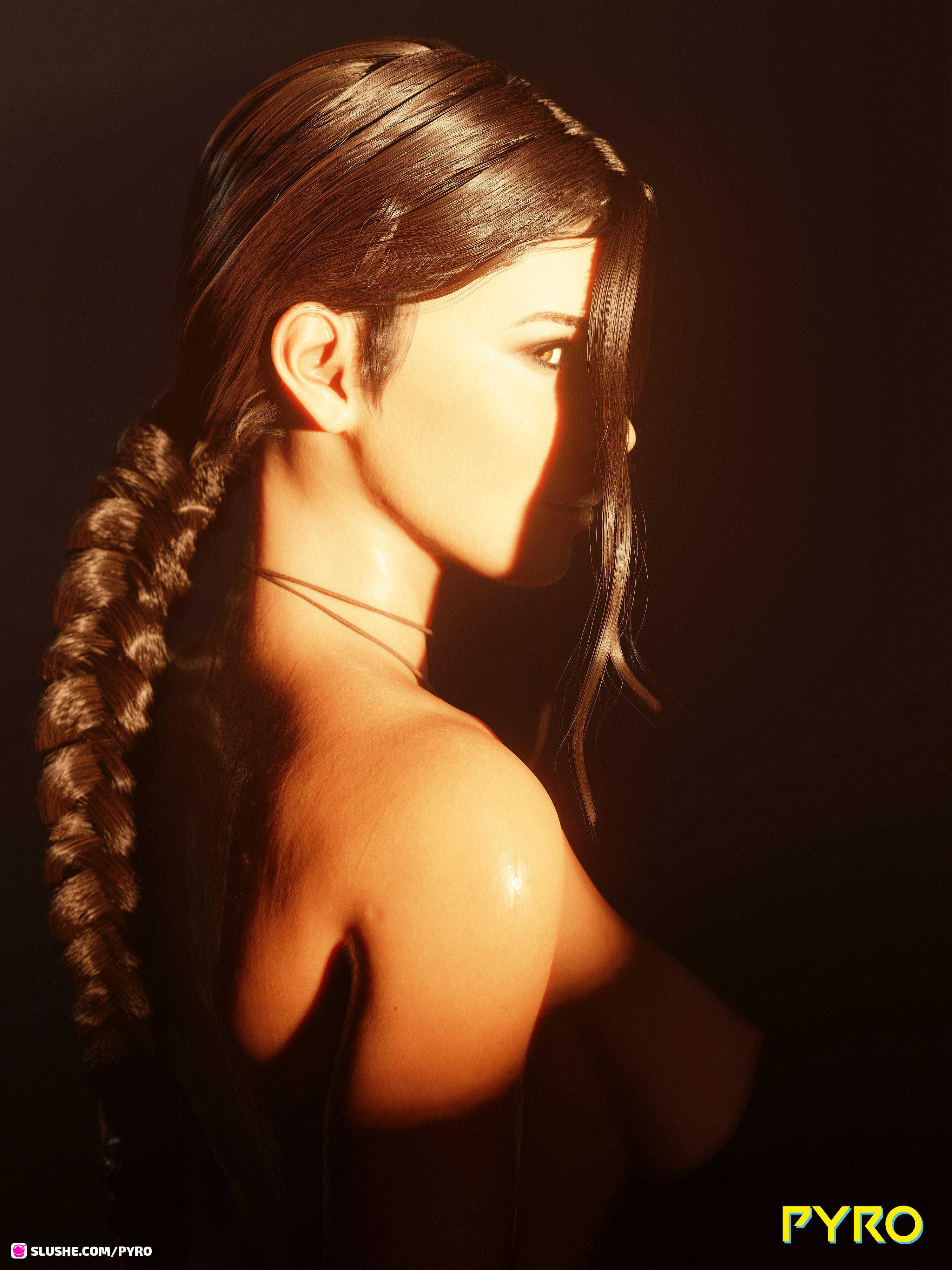 3d, areolae, artist name, big breasts, breasts, brown hair, dark room, ear, female, female only, hair, high resolution, human, human only, lara croft, lara croft (survivor), long hair, looking at viewer, necklace, neckwear, nipples, nude, nude female, pendant, ponytail, pyro (artist), shoulders, side view, sideboob, signature, simple background, slushe (website), solo, text, tomb raider, tomb raider (survivor), url, very high resolution