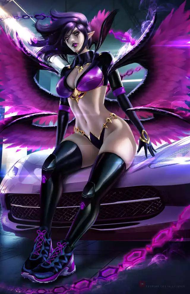 ally_loren big_breasts female goth league_of_legends morgana purple_eyes purple_hair thick_thighs