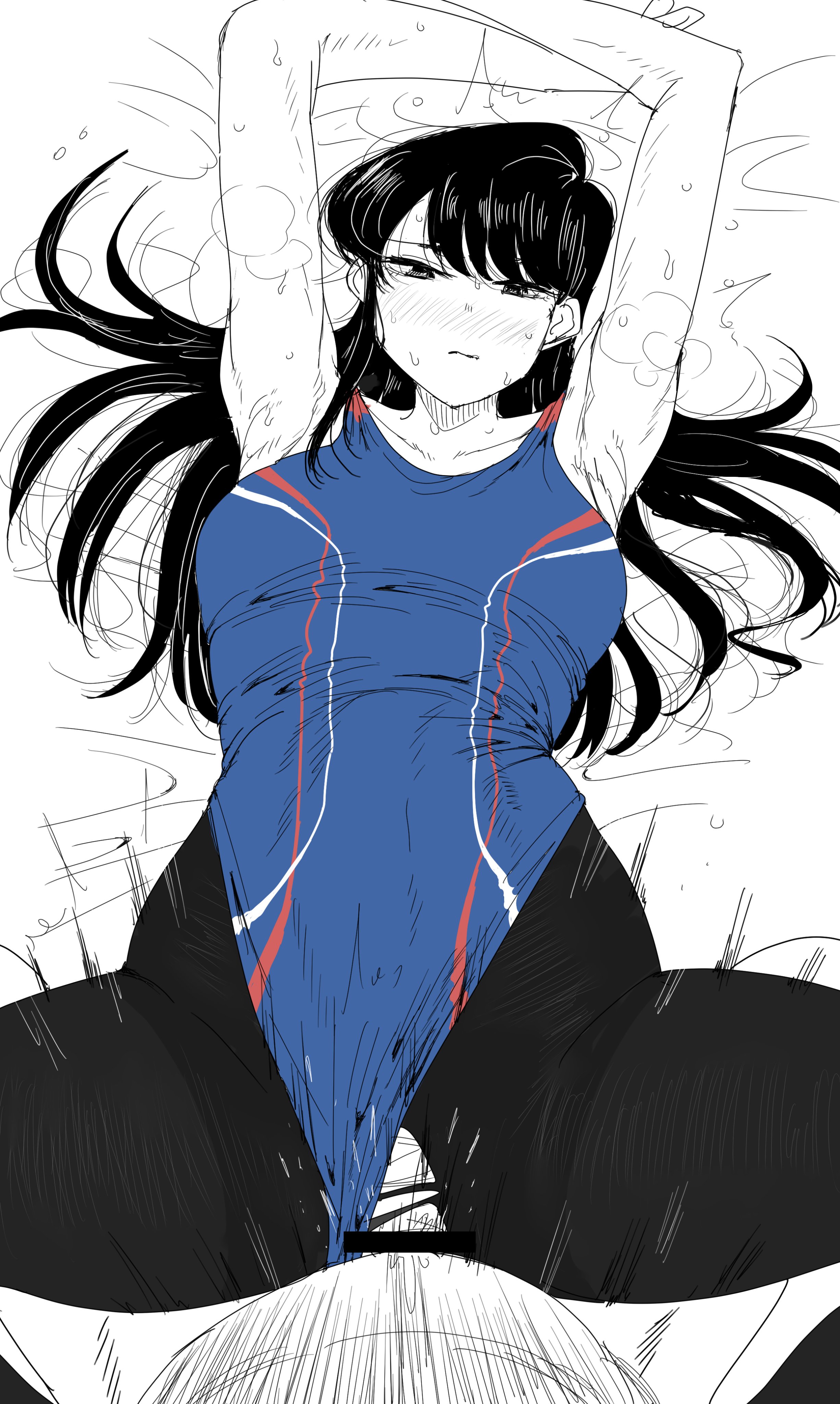 1boy, 1girls, armpits, arms up, black hair, censored, female, kaiman garupan, komi shouko, komi-san wa komyushou desu, line art, long hair, male, male pov, on back, one-piece swimsuit, pantyhose, pantyhose under swimsuit, pov, pussy, sex, spread legs, straight, swimsuit, swimsuit aside, torn clothes, torn pantyhose, vaginal penetration