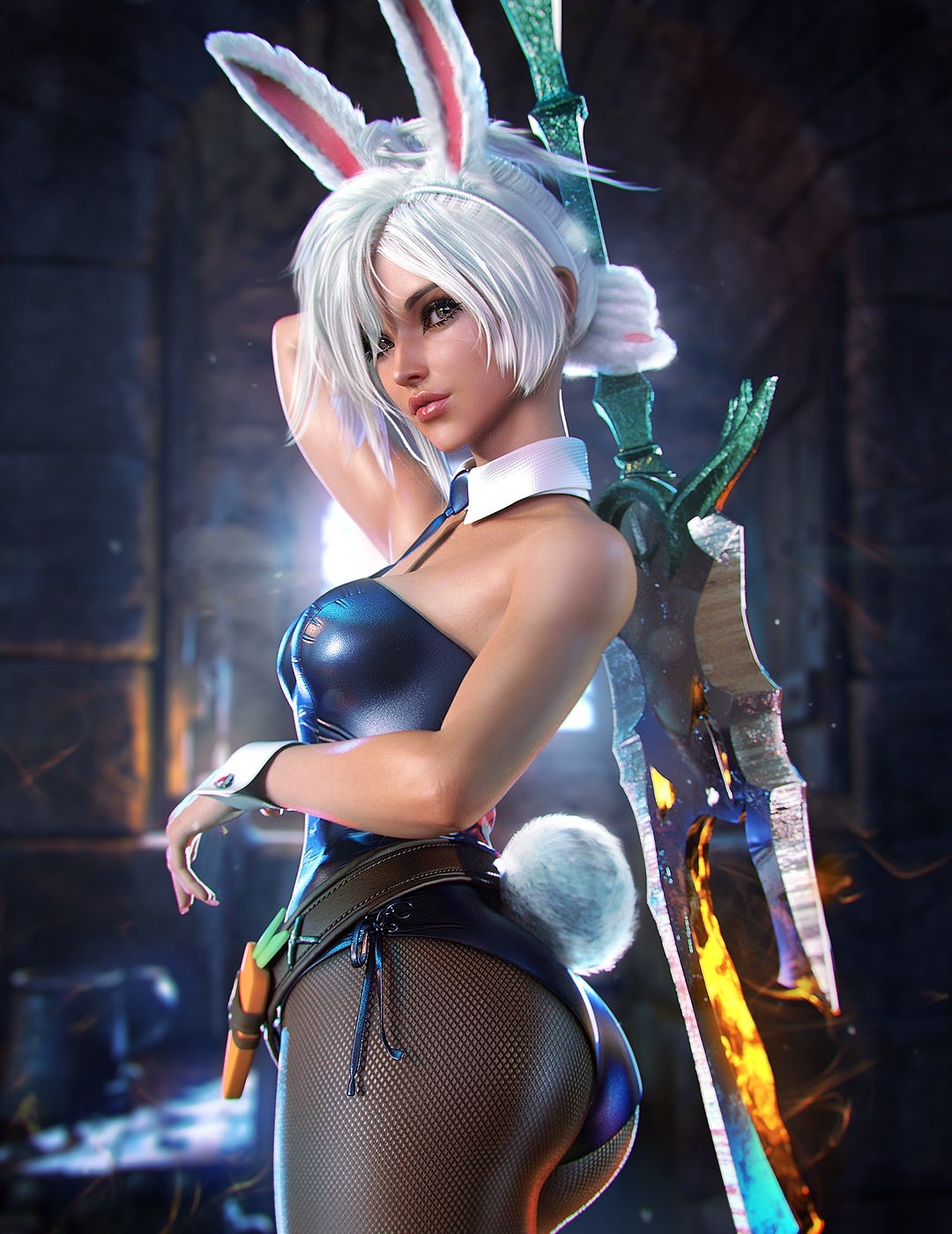 1girls 3d alternate_costume ass battle_bunny_riven brown_eyes bunny_ears bunnysuit butt cropped_legs dat_ass detached_collar detached_cuffs fake_animal_ears female fishnet_pantyhose fishnet_stockings fishnets league_of_legends pantyhose petite realistic riot_games riven sevenbees strapless_leotard sword thick_thighs white_hair