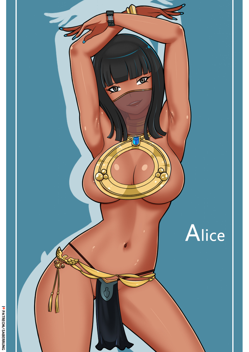 alice_(zero_escape) armpits arms_up big_breasts blunt_bangs breasts busty cleavage dark-skinned_female dark_skin egyptian female female_focus female_only hourglass_figure large_breasts loincloth long_fingernails makeup pose posing saberrung skimpy skimpy_clothes tagme veil virtue's_last_reward wide_hips zero_escape