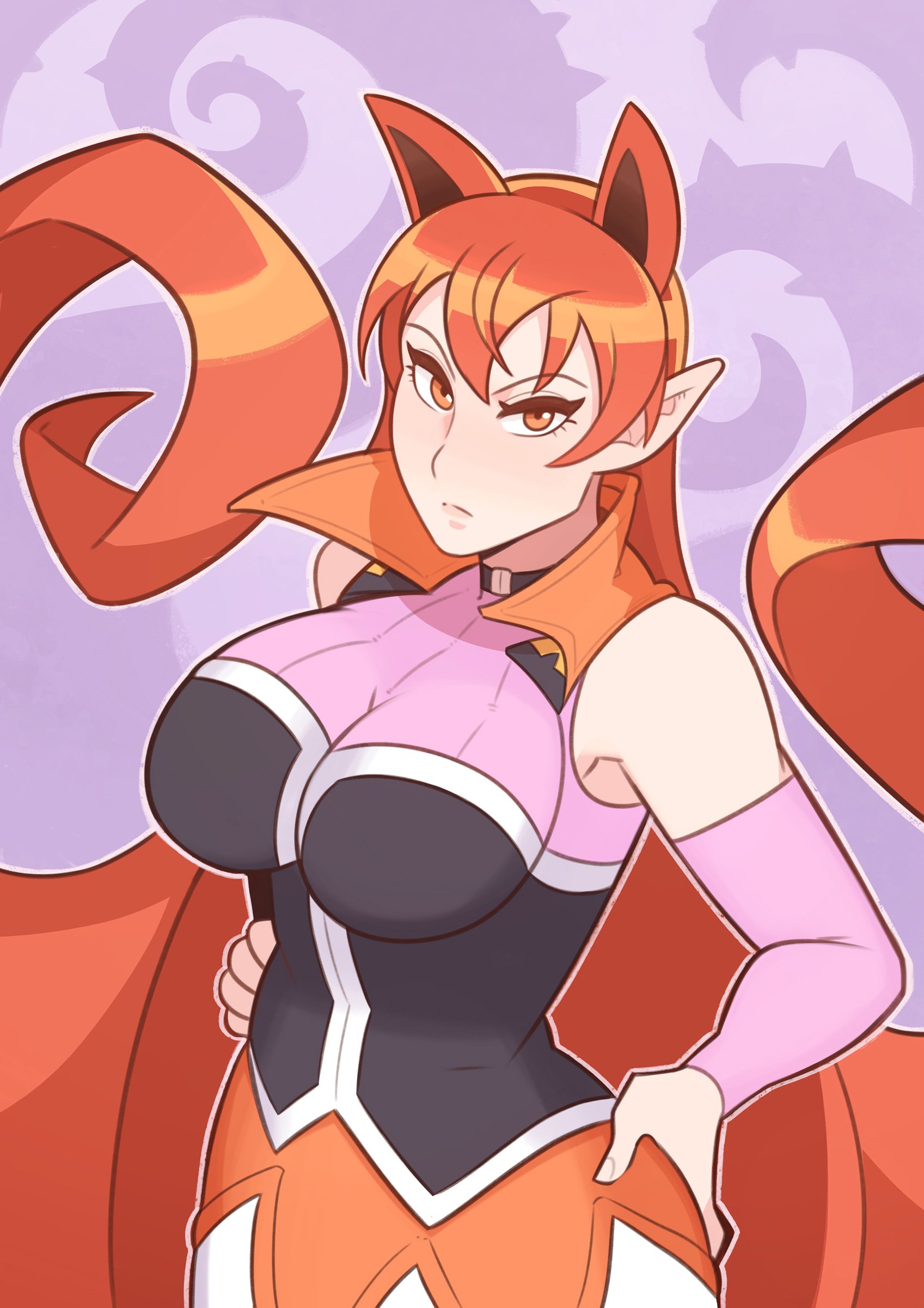 animal ears, azazel ameri, big breasts, breasts, cat ears, demon, demon girl, female, humanoid, long hair, looking at viewer, mairimashita! iruma-kun, pointy ears, red hair, splashbrush, yellow eyes