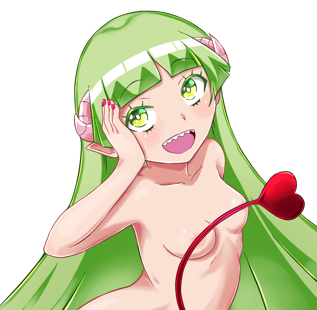 1girls, blush, breasts, demon, demon girl, demon horns, demon tail, female, female focus, female only, green eyes, green hair, horns, mairimashita! iruma-kun, naked, nude, nude female, small breasts, smile, tail, valac clara