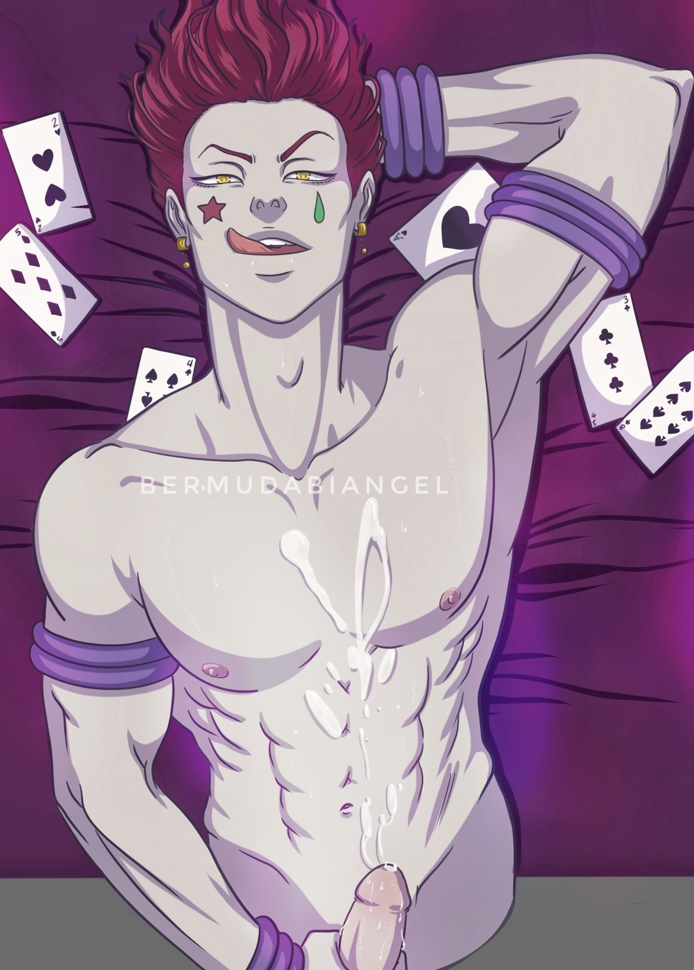 1boy, bermudabiangel, bodily fluids, cards, cum, cum on body, cum on upper body, face paint, genital fluids, genitals, hisoka morow, hunter x hunter, looking at viewer, lying on back, male, male only, masturbation, one arm up, penis, penis out, red hair, solo, solo male, tongue, tongue out