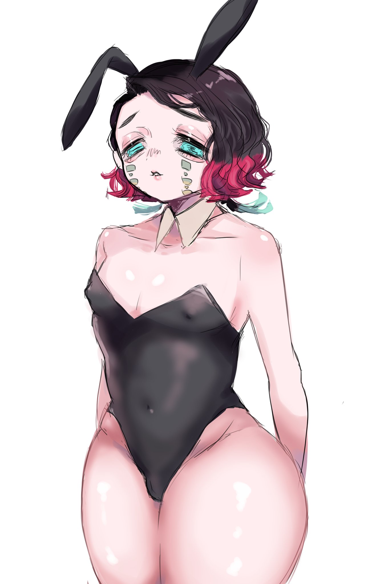alternate costume, androgynous, aqua eyes, black hair, bunny ears, bunnysuit, demon slayer, enmu, facial markings, femboy, kimetsu no yaiba, male, male only, multicolored hair, pumu nui, short hair, solo, thick thighs, thunder thighs, wide hips