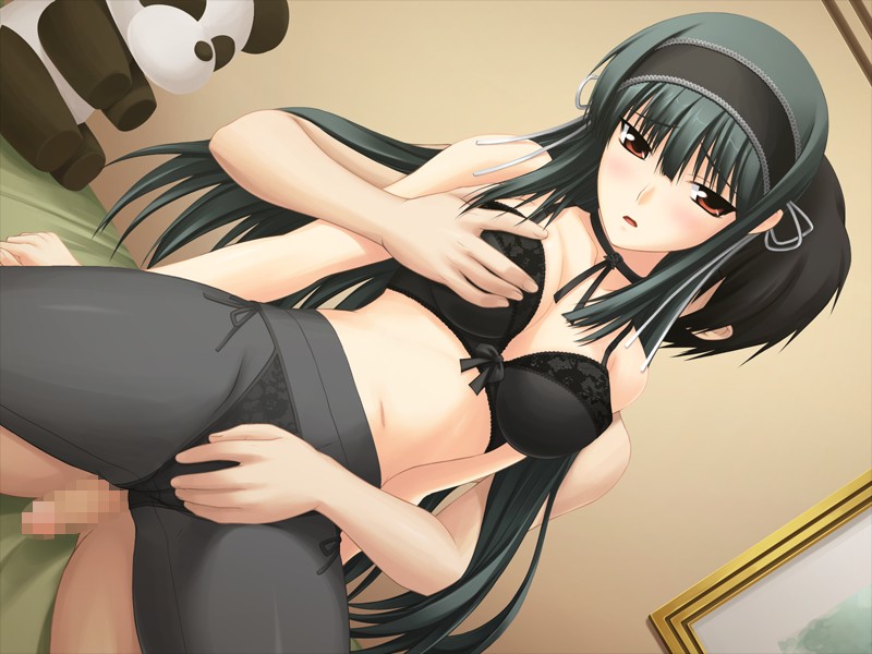 bra breast_grab breasts brown_eyes censored couple crotch_grab female game_cg green_hair hairband human kuonji_shinra lingerie male panties panties_under_pantyhose pantyhose straight they_are_my_noble_masters uesugi_ren underwear