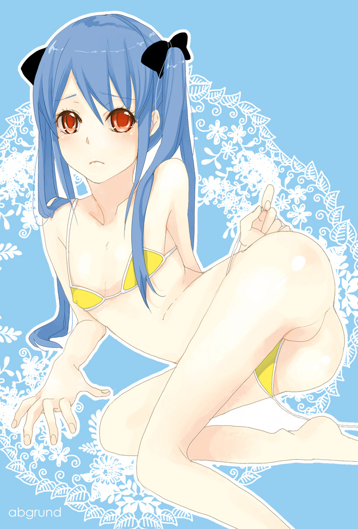 1girls ass barefoot bikini blue_hair female flat_chest long_hair micro_bikini no_pussy novagina original red_eyes solo swimsuit tied_hair twintails udk