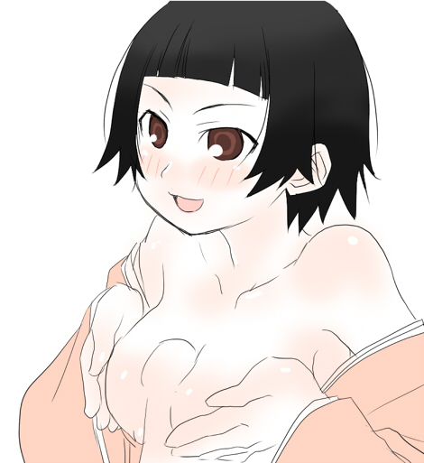 black_hair blush breast_squeeze breasts female japanese_clothes male paizuri penis sayonara_zetsubou_sensei short_hair straight topless tsunetsuki_matoi