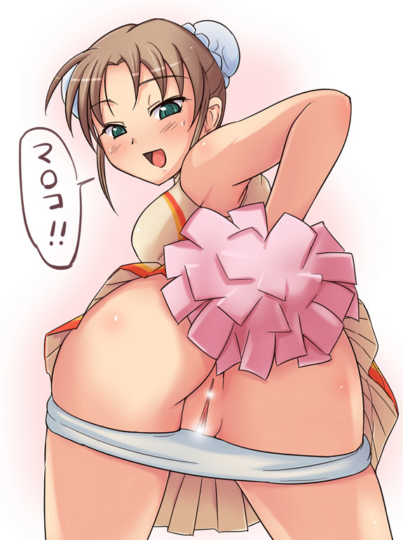 ass bent_over blush brown_hair censored cheerleader e20 green_eyes looking_back panties panties_aside panty_pull pom_poms pussy smile solo tease teasing underwear