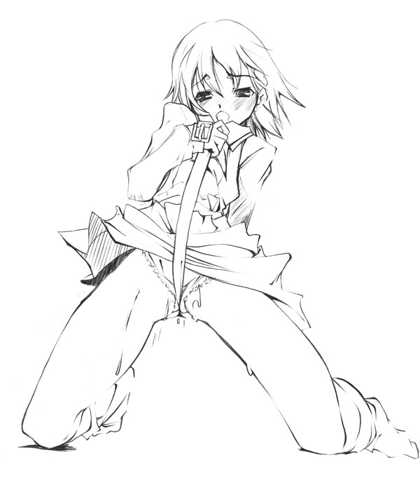 belt blush crotch_rub female footwear isurugi_noe monochrome nagare_hyougo panties pussy_juice socks underwear