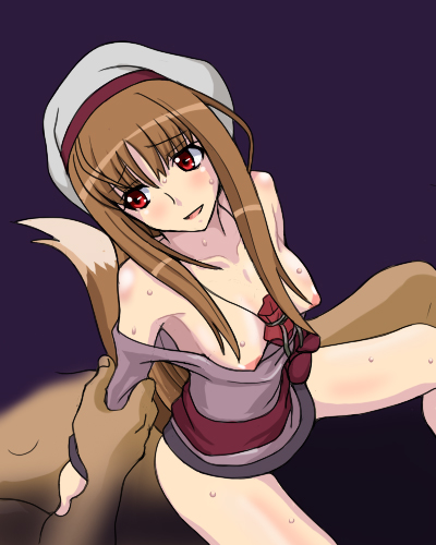 arm_grab blush bottomless breasts brown_hair cl-55 clothed_sex clothing cowgirl_position girl_on_top holo long_hair lowres medium_breasts no_bra red_eyes sex spice_and_wolf sweat tail