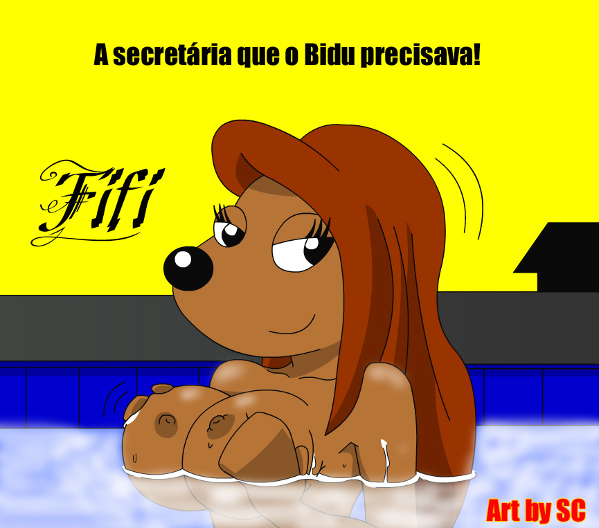 anthro breast_grab breast_squeeze breasts brown_fur dog female fifi_(turma_da_monica) long_hair looking_at_viewer monica's_gang nipples nude pool portuguese_text sc skinny_dipping turma_da_monica water