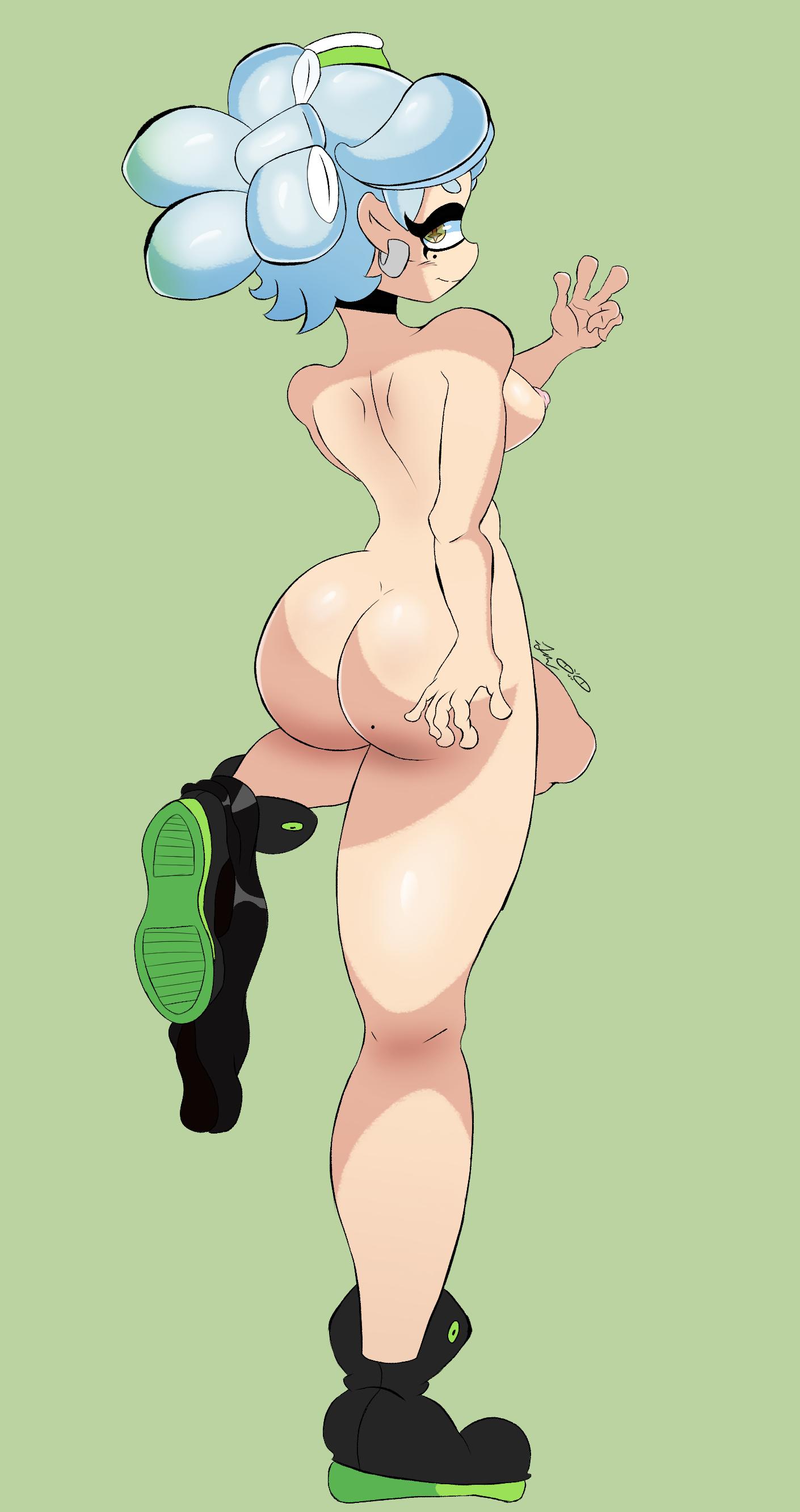 + +, 1girls, 5 fingers, ass, back view, breasts, croissantloner, ear piercing, female, female only, footwear, full body, green background, green theme, hat, looking at viewer, marie (splatoon), mole under eye, nintendo, nipples, peace sign, pointy ears, rear view, shoes, short hair, sideboob, solo, solo female, splatoon, splatoon 2, squid sisters, symbol-shaped pupils, tentacle, tentacle hair, unusual anatomy, unusual eyes, unusual pupils, v, white hair, yellow eyes, yellow pupils