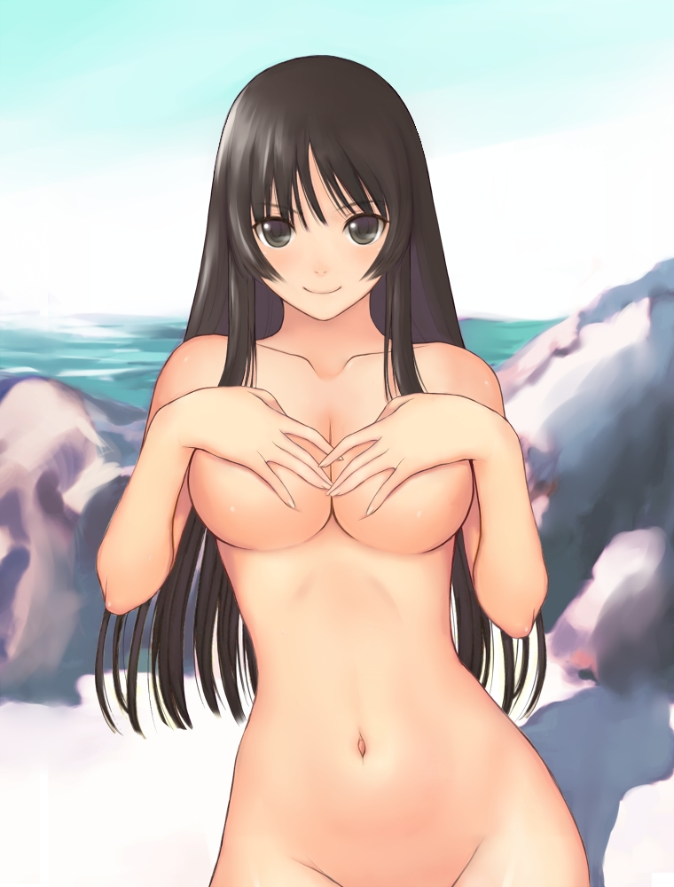 black_eyes black_hair breasts covering covering_breasts female female_only human human_only k-on! kamimiya long_hair mio_akiyama_(k-on!) navel nude nude_cover smile solo