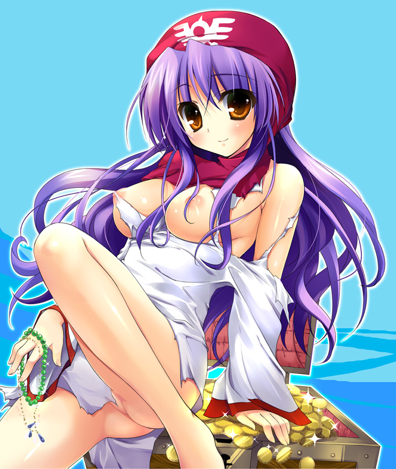 bankoku_ayuya barefoot blush bottomless breasts chest clothing dragon_quest dragon_quest_ii dress female gold hood jewelry long_hair nipples no_panties partially_exposed_vulva partially_visible_vulva princess_of_moonbrook puffy_nipples purple_hair small_breasts smile solo torn_clothes treasure_chest