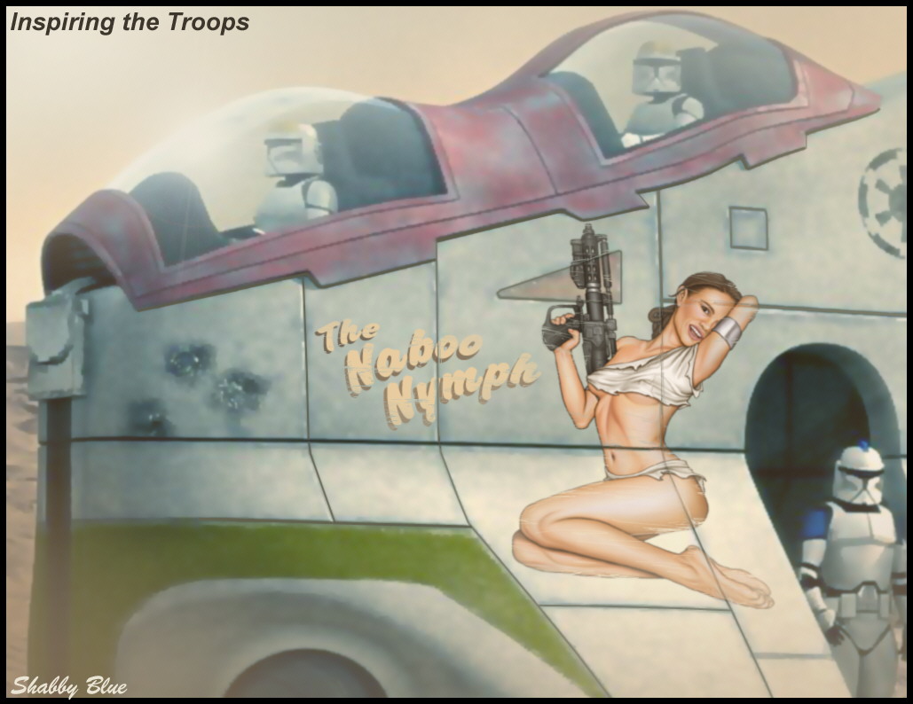 attack_of_the_clones clone_trooper laat/i nose_art padme_amidala pinup pose shabby_blue star_wars tagme