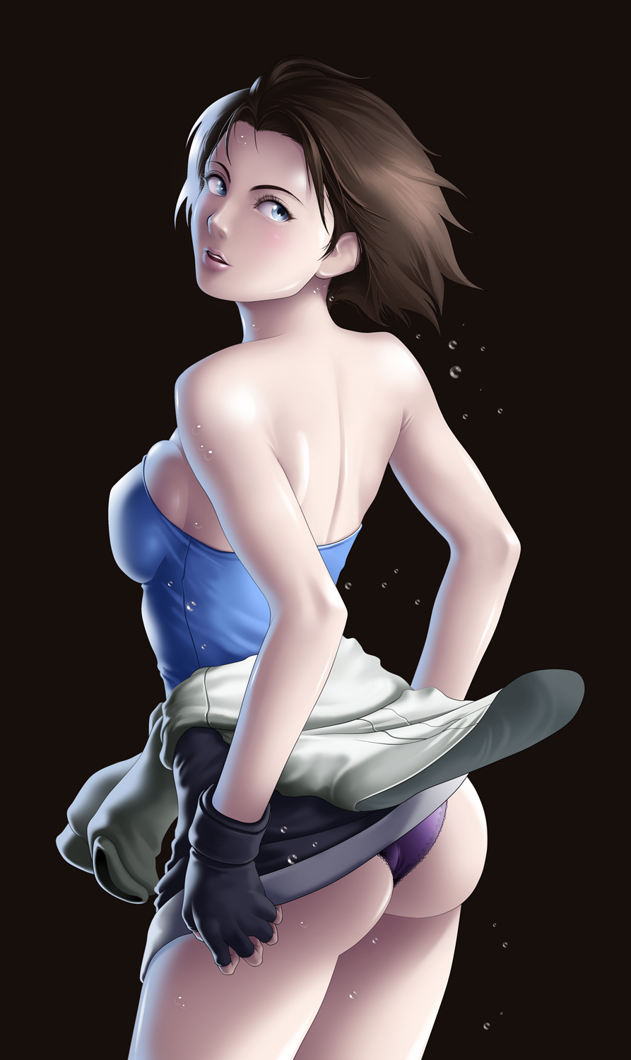 1girls, ass, blue eyes, blush, brown hair, capcom, deep rising, female, gloves, jill valentine, jill valentine (julia voth), looking back, panties, purple panties, resident evil, resident evil 3, skirt, skirt lift, tank top, tubetop