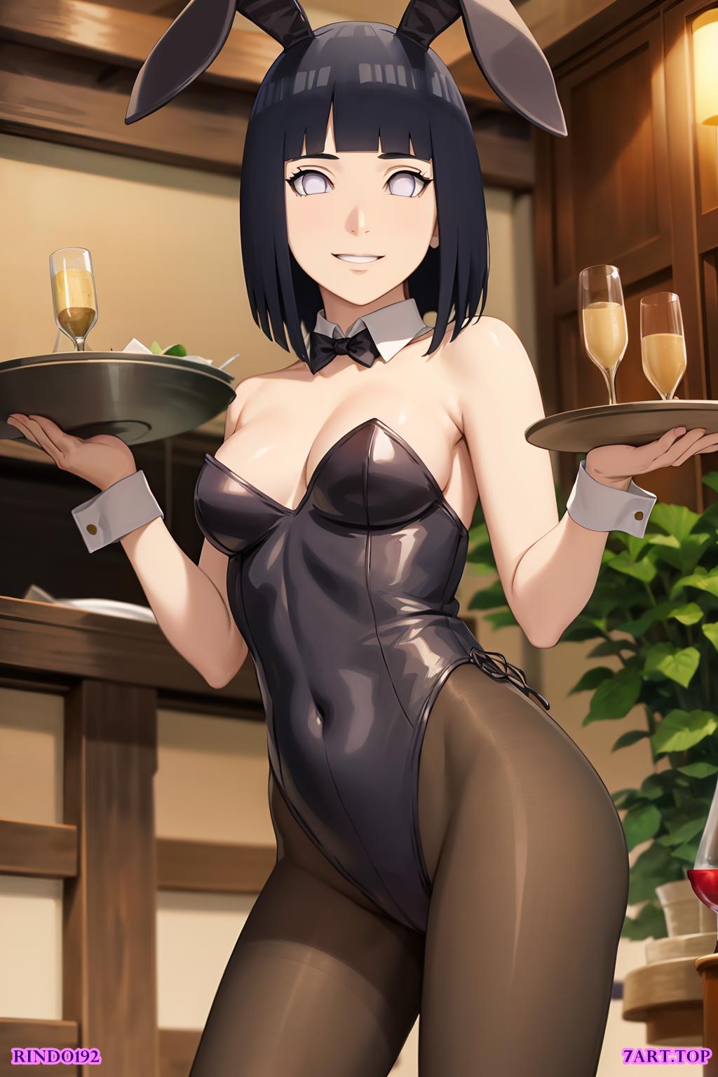 1girls, ai generated, animal ears, black hair, blue eyes, boruto: naruto next generations, collar, cute, female, female focus, female only, hyuuga hinata, looking at viewer, naruto, naruto (series), naruto shippuden, pantyhose, playboy bunny, rabbit ears, rindo192, smile, solo, solo female, stable diffusion, uzumaki hinata, waiter