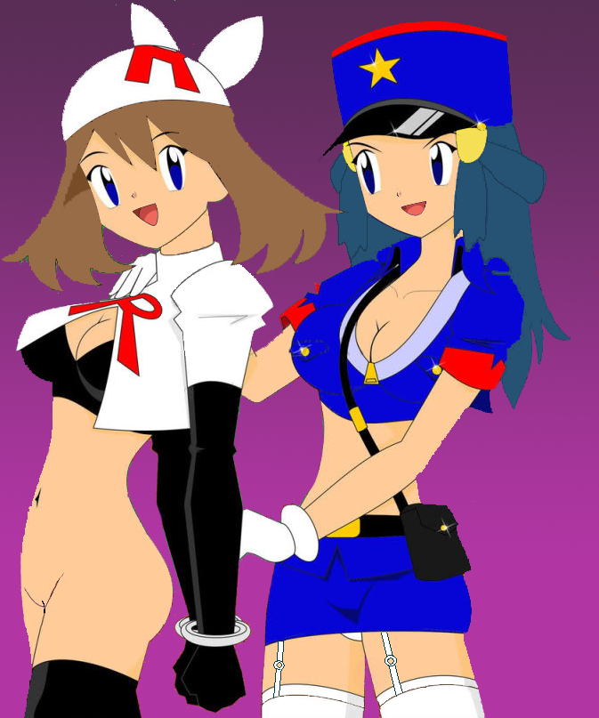 2girls alternate_bandana_color bondage bound_wrists breasts cleavage cosplay dawn_(pokemon) enemy_conversion female female_only femdom femsub handcuffs human human_only may_(pokemon) multiple_girls nintendo no_panties officer_jenny_(pokemon)_(cosplay) pokemon restrained team_rocket team_rocket_bandana white_bandana yuri